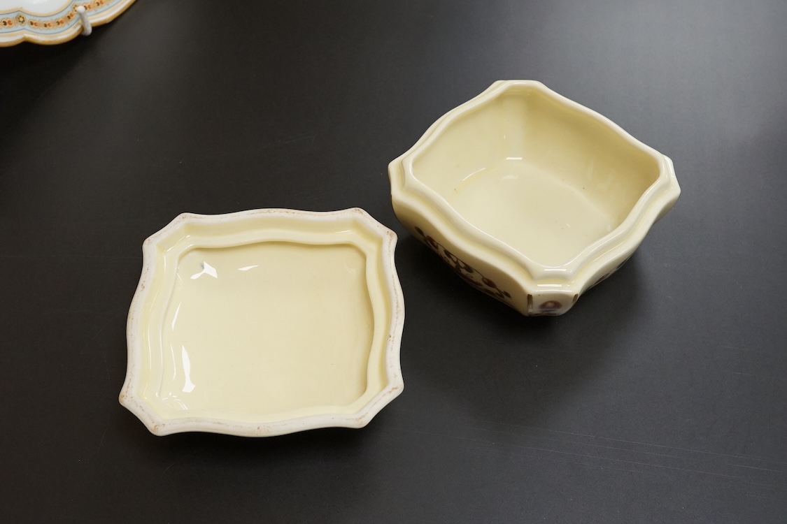 A Meissen plate, a Zsolnay box and cover, and two continental plates, largest 24cm in diameter